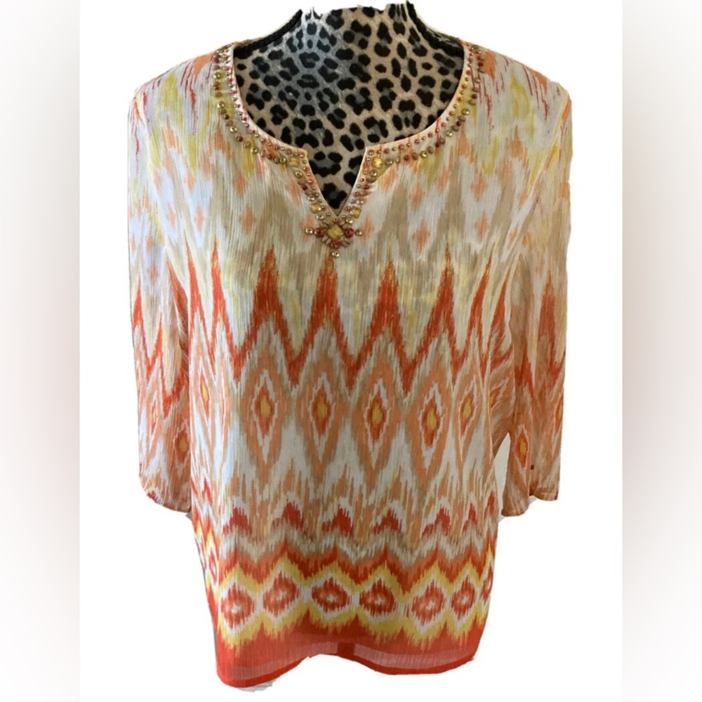 Alfred Dunner blouse top PL 14 P Orange Yellow 3/4 Sleeve ￼ Embellished …